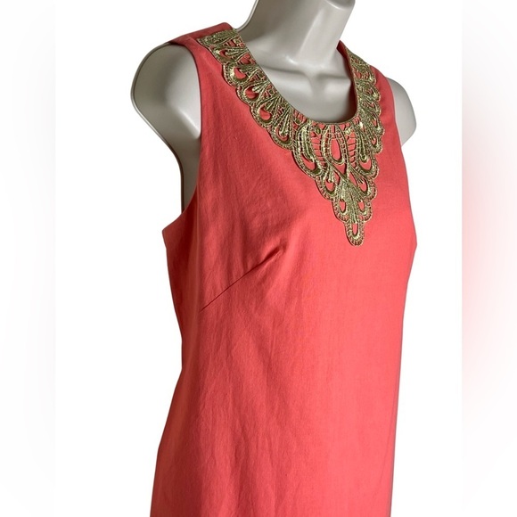J Howard Womens Size 12P Orange Dress Gold Applique Linen Blend Lined Sleeveless - Picture 6 of 14